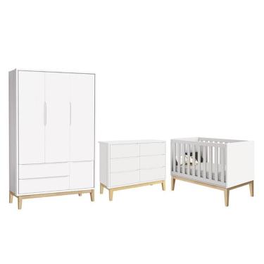 Imagem de Dormitório Completo Infantil Classic 3 Portas, Cômoda 6 Gavetas e Berço com Pés Madeira Natural - Reller Móveis Branco Fosco