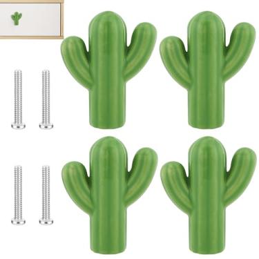 Imagem de CAIRIAC Puxadores de gaveta verdes para armário de cerâmica, cômoda em forma de cacto, puxadores fofos para armário de cozinha, 4 peças de puxadores pequenos para penteadeira, puxadores decorativos de