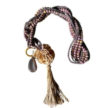 Imagem de Colar de mesa decorativo grande - Mini contas de madeira, pingente de cristal e flor de fibra de buriti - Decoração estilo boho