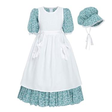 Imagem de Nuoqi Fantasia colonial para meninas, fantasia de pioneira, vestido de pradaria com avental 10-12 verde lago