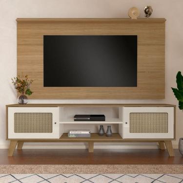Imagem de Rack com Painel para TV Até 75 Polegadas Tauari C/ Suporte para TV 2 Portas Carvalho/Off White - Pnr Móveis