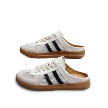 Imagem de Tênis feminino moderno de malha contrastante com cadarço, sapatos esportivos casuais, respiráveis e confortáveis, bico redondo feminino sem cadarço para uso diário, Preto e branco, 36