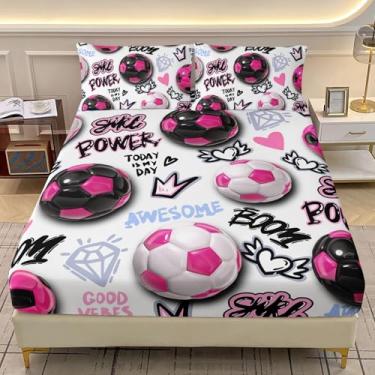 Imagem de AILONEN Jogo de lençol infantil solteiro com elástico rosa e preto, tamanho GG, graffiti hip hop, esportes, futebol americano, para meninas e adolescentes, 1 lençol com elástico com 2 fronhas - 3