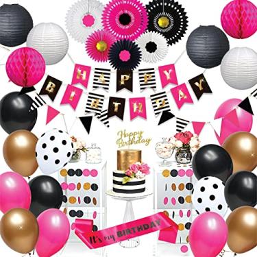 Imagem de Kit de decorações premium de feliz aniversário para meninas e mulheres | rosa choque dourado preto branco | inspirado em Kate Spade | faixa guirlanda de bandeira | Lanternas de papel | Bolas de favo de mel | leques de lenço | Topo de bolo