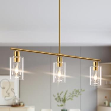 Imagem de Yarlkav Iluminação Da Ilha Da Cozinha, 3 Luzes Lustres Lineares Luminárias Pendentes Retangulares para Sala de Jantar Luz Suspensa de Fazenda com Persianas de Vidro Luzes Suspensas - Ouro