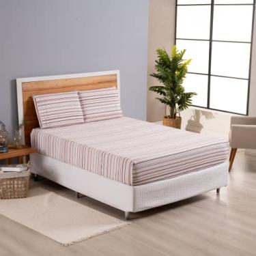 Imagem de Jogo de Lençol 3 Pçs Casal Queen Dia a Dia Simples Estampado Percal 180 Fios com Elástico (Rosê Listrado)