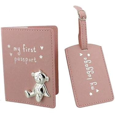 Imagem de Oaktree Gifts My First Passport & Luggage Tag Set com ícone de pelúcia de metal rosa, rosa, 20 x 15 cm