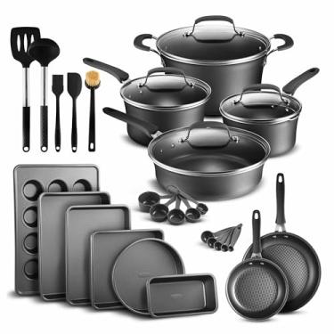 Imagem de Cookware Set - 23 Piece -Black Multi-Sized Cooking Pots with Lids, Skillet Fry Pans and Bakeware - Reinforced Pressed Aluminum Metal - Suitable for Gas, Electric, Ceramic and Induction by BAKKEN Swiss
