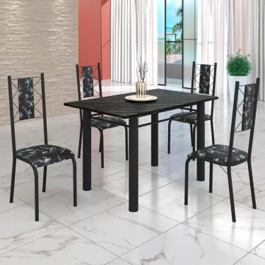 Imagem de Conjunto Sala De Jantar Mesa Tubo 120x75cm Tampo Pedra Ardósia C-4 Cadeiras Preto Floral-preto Fosco