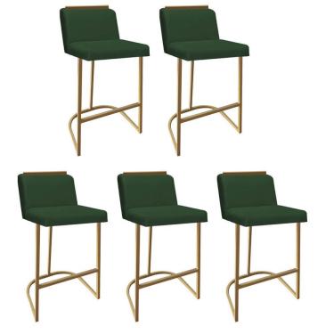 Imagem de Kit 05 Banquetas Com Encosto Confort Bistrô Cozinha Ferro Dourado Suede Verde Amey Decor
