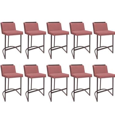 Imagem de Kit 09 Banquetas Com Encosto Confort Bistrô Cozinha Ferro Marrom Suede Rose Gold Amey Decor