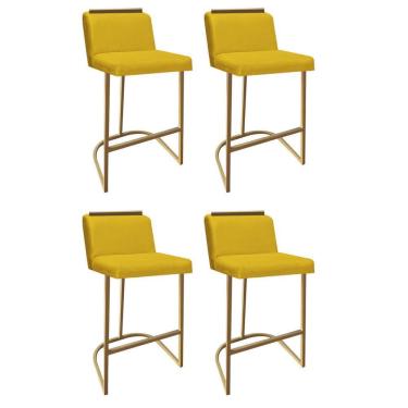 Imagem de Kit 04 Banquetas Com Encosto Confort Bistrô Cozinha Ferro Dourado Sintético Amarelo Amey Decor