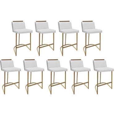 Imagem de Kit 09 Banquetas Com Encosto Confort Bistrô Cozinha Ferro Dourado Sintético Branco Amey Decor