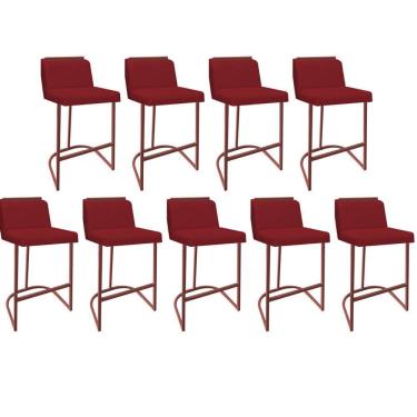 Imagem de Kit 09 Banquetas Com Encosto Confort Bistrô Cozinha Ferro Bronze Corino Vermelho Amey Decor