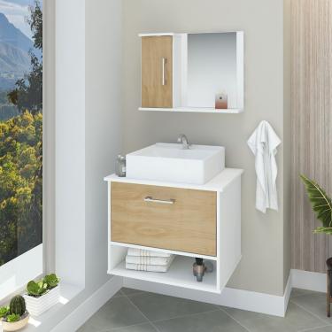 Imagem de Conjunto Gabinete Banheiro Superior E Inferior 2 Portas 1 Nicho Malibu - Freijó Amadeirado - Bege