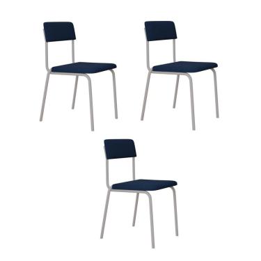 Imagem de Conjunto 3 Cadeiras Estofadas Fixa Empilhável Fit Azul - Branco Fosco