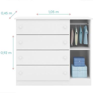 Imagem de Cômoda Infantil Lívia 4 Gavetas 1 Porta em MDF com Puxador Bola Branco Acabamento Brilh...