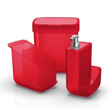 Imagem de Ordene - Conjunto de Pia Com Lixeira de 3 Litros, Escorredor de Talheres e Porta de Detergente, Cor Vermelha, Linha Utti