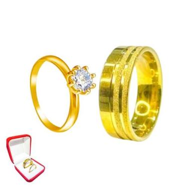 Imagem de Aliança 6mm Ouro 18k Compromisso Risco Brilhante + Solitario 2mm Doura