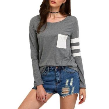 Imagem de Camiseta Feminina Manga Longa Cinza Casual de Inverno Moda Jovem taman