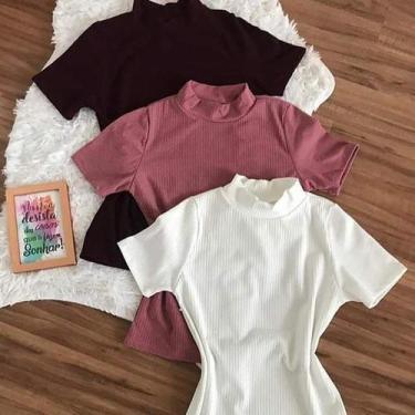 Imagem de blusa feminina canelada gola alta manga curta básica moda - Filó Modas
