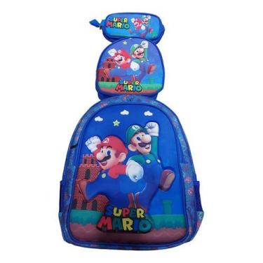 Imagem de Kit Mochila Escolar Super Mario Lancheira Estojo Rodas - HENRI KIDS
