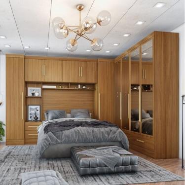 Imagem de Quarto De Casal Completo 5 Peças 6 Portas 4 Gavetas Com Maleiro E Espelhos Smart Plus Cinamomo