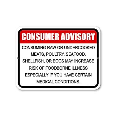 Imagem de Honey Dew Gifts, Consumer Advisory Consumir carne crua ou mal cozida pode aumentar o risco de doenças transmitidas por alimentos, 30 cm por 23 cm, feito nos EUA, placa de metal, placas de aviso