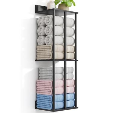 Imagem de WeGXY Toalheiro para banheiro montado na parede com prateleira de armazenamento de madeira, suporte de toalha de metal atualizado de 3 barras para toalhas enroladas, resistente e de grande capacidade