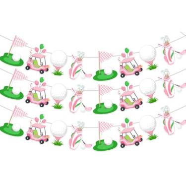 Imagem de Fangleland Guirlandas de faixa com tema de golfe, guirlanda pendurada em carrinho de taco de golfe verde rosa decoração tema esportivo decoração aniversário casamento chá de bebê suprimentos de festa