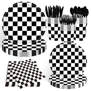 Imagem de Conjunto de artigos de festa guingão, 140 peças para 20 convidados, verde sálvia e branco, pratos, copos, guardanapos, talheres (preto)