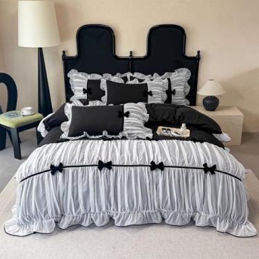 Imagem de Jogo de cama com babados, gravata borboleta, roupa de cama de renda chique, conjunto de capa de edredom para meninas, solteiro, estilo princesa francesa, romântica, com babados e laço adorável com