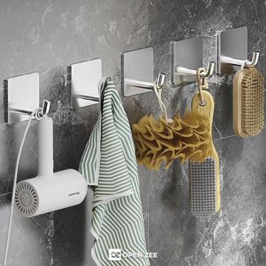 Imagem de Kit 4 Ganchos Adesivo Parede Inox Cabideiro Pendurar Toalhas Roupas Ba