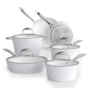 Imagem de COOKSMARK Conjunto de panelas de cerâmica antiaderente, conjunto de panelas e frigideiras resistentes a arranhões e indução e lava-louças com tampas de vidro, 10 peças, branco
