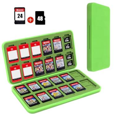 Imagem de FYY Suporte Para Estojo De Jogos Nintendo Switch - Cartucho Verde Com 24 Compartimentos Cartões E 48 Micro Sd, Capa Rígida, Revestimento Silicone