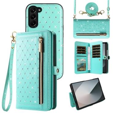 Imagem de Capa de celular para Samsung Galaxy Z Fold 6 5G 2024 com zíper carteira magnética destacável com alça transversal alça de cordão Bling Glitter Flip compartimentos para cartão de crédito ZFold6 Z6 G