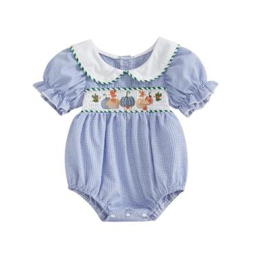 Imagem de Lenjindjer Roupa de Halloween para bebês meninas, manga bufante, gola Peter Pan, bordado de abóbora, macacão de outono (azul, 3 a 6 meses)