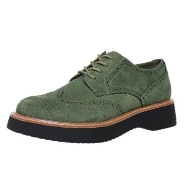 Imagem de Glorertl Mocassim feminino clássico Oxford com plataforma grossa com cadarço bico redondo Penny Oxfords antiderrapante confortável, Verde, 35