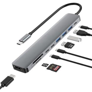Imagem de Adaptador USB C 9 em 1, hub USB C multiportas com saída HDMI 4K, transferência de super velocidade, adaptador tipo C de carregamento rápido PD 100W, compatível com leitor de cartão SD/TF, laptop