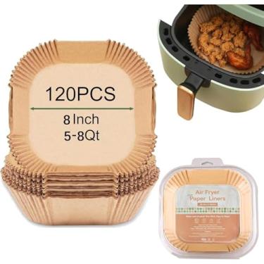 Imagem de Forros de fritadeira a ar, forros de papel descartáveis para airfryer, antiaderentes, à prova de óleo, à prova d'água para facilitar a limpeza, ótimo para forno, frigideiras e assar, quadrado de 20 cm