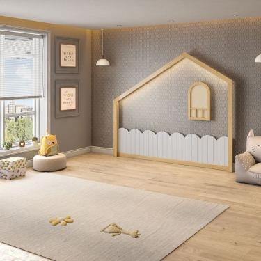 Imagem de Moldura com Led e Janelinha em Madeira Maciça para Quarto Infantil New Garden Casatema Natural/Branco