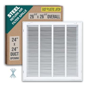 Imagem de Serve para abertura de duto de 24 x 24 | Grade de filtro de ar de retorno de aço da Handua [porta removível] para filtros de 2,5 cm | Grelha de tampa de ventilação | Branco | Travas de plástico fáceis