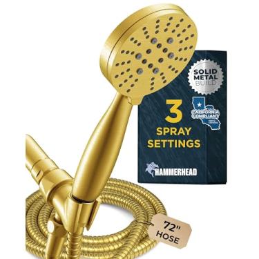 Imagem de HammerHead Showers Chuveiro portátil de metal sólido com 3 sprays com mangueira longa e suporte - ouro escovado - sprays largos, massagens e névoa - Chuveiro portátil de baixo fluxo de 1,8 GPM