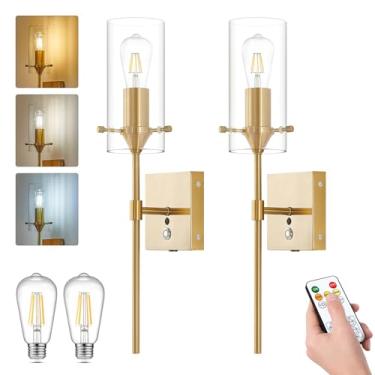 Imagem de AIBISOD Conjunto de 2 arandelas de parede operadas por bateria com controle remoto, luzes de parede recarregáveis, inclui lâmpada de 3 cores, arandelas de parede sem fio de 10.000 mA, conjunto de duas