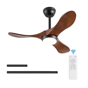 Imagem de BOJUE Ventiladores de teto de madeira maciça com luzes, ventilador de teto moderno de 91 cm com luz e controle remoto, motor CC reversível, 6 velocidades, silencioso, ventilador de teto preto para