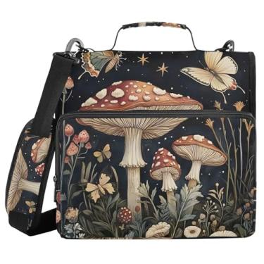 Imagem de Fichário de 3 anéis com zíper com alça de ombro, cogumelos, flores, borboletas (2) fichários de 3,8 cm, grande capacidade, vários bolsos para material de escritório escolar