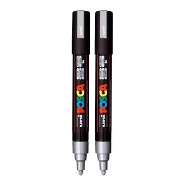 Imagem de Posca 2 marcadores de tinta acrílica prateados com pontas reversíveis canetas de tinta média de 1,8 a 2,5 mm - perfeitas para artesanato, projetos de arte e muito mais