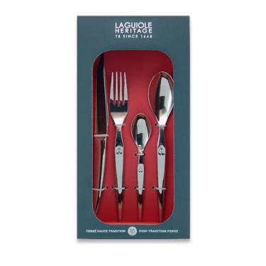Imagem de Conjunto de louça Laguiole Heritage; talheres franceses de luxo em aço inoxidável premium; possui facas, garfos, colheres com alças ergonômicas; pode ser lavado na lava-louças; conjuntos para 4