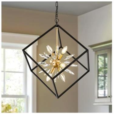 Imagem de OLMCWOOL Lustre de casa de fazenda, luz pendente rústica industrial de 6 luzes para sala de jantar, luminária de vela ajustável para cozinha, ilha, sala de estar, hall de entrada (preto/ouro/cristal