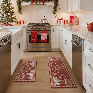 Imagem de GENIMO Decorações de Natal – Tapetes de cozinha para chão, 2 peças de tapetes de cozinha de Natal, tapete acolchoado antifadiga para decoração de casa, tapete antiderrapante impermeável para
